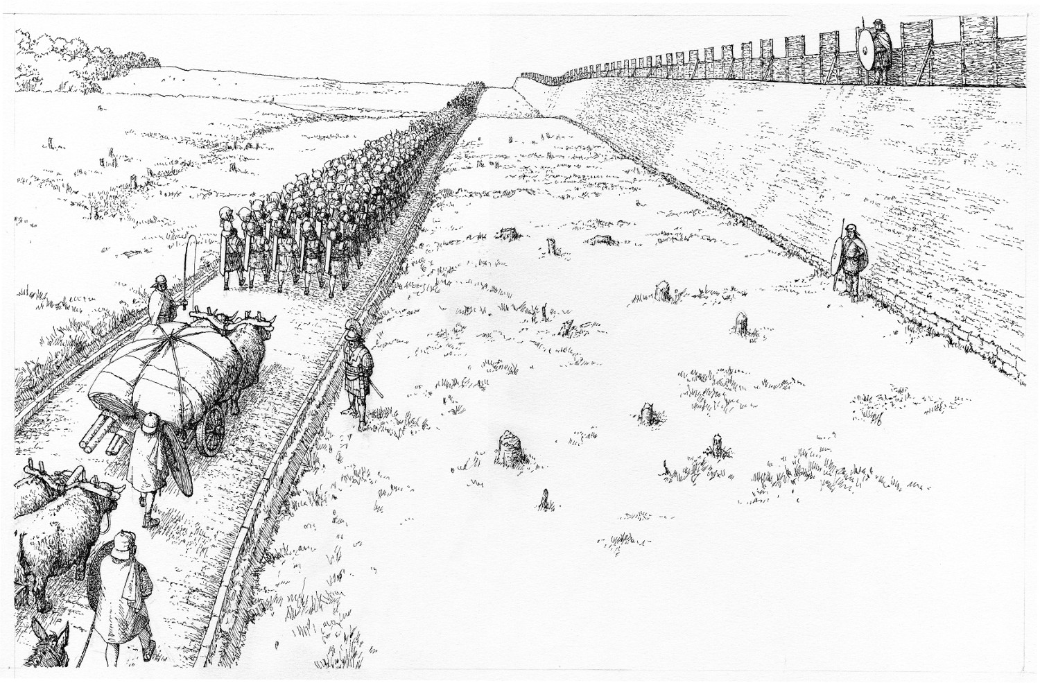 A reconstruction drawing of the Antonine Wall and Military Way in use (c) Crown Copyright Historic Environment Scotland